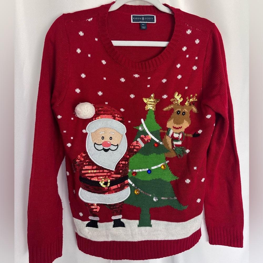 Karen Scott Red Knit Christmas Sweater Size PL Santa Tree Embellished Holiday